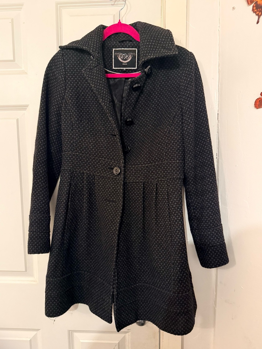 RW&CO. Black Textured Fit-and-Flare Trench Coat Wool Blend